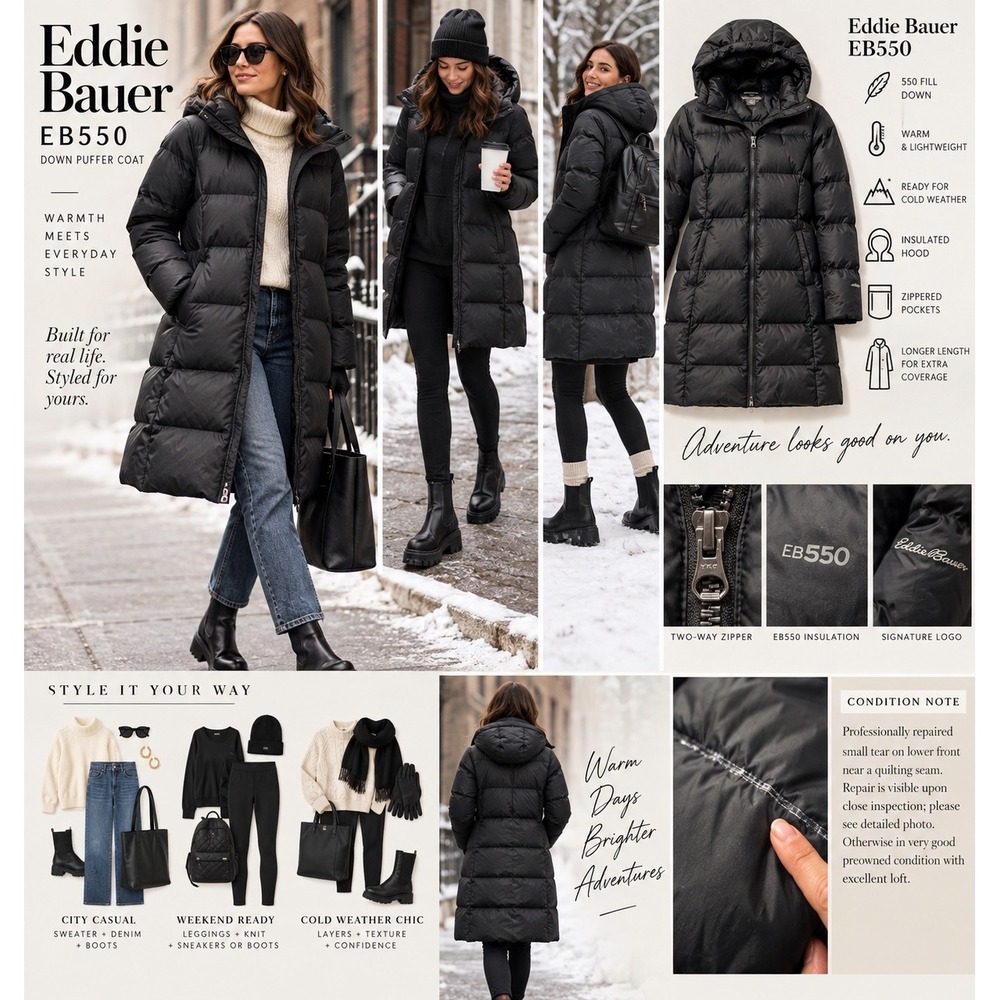 Eddie Bauer EB550 Down Puffer Coat Womens Small Black Hooded Long Winter Parka